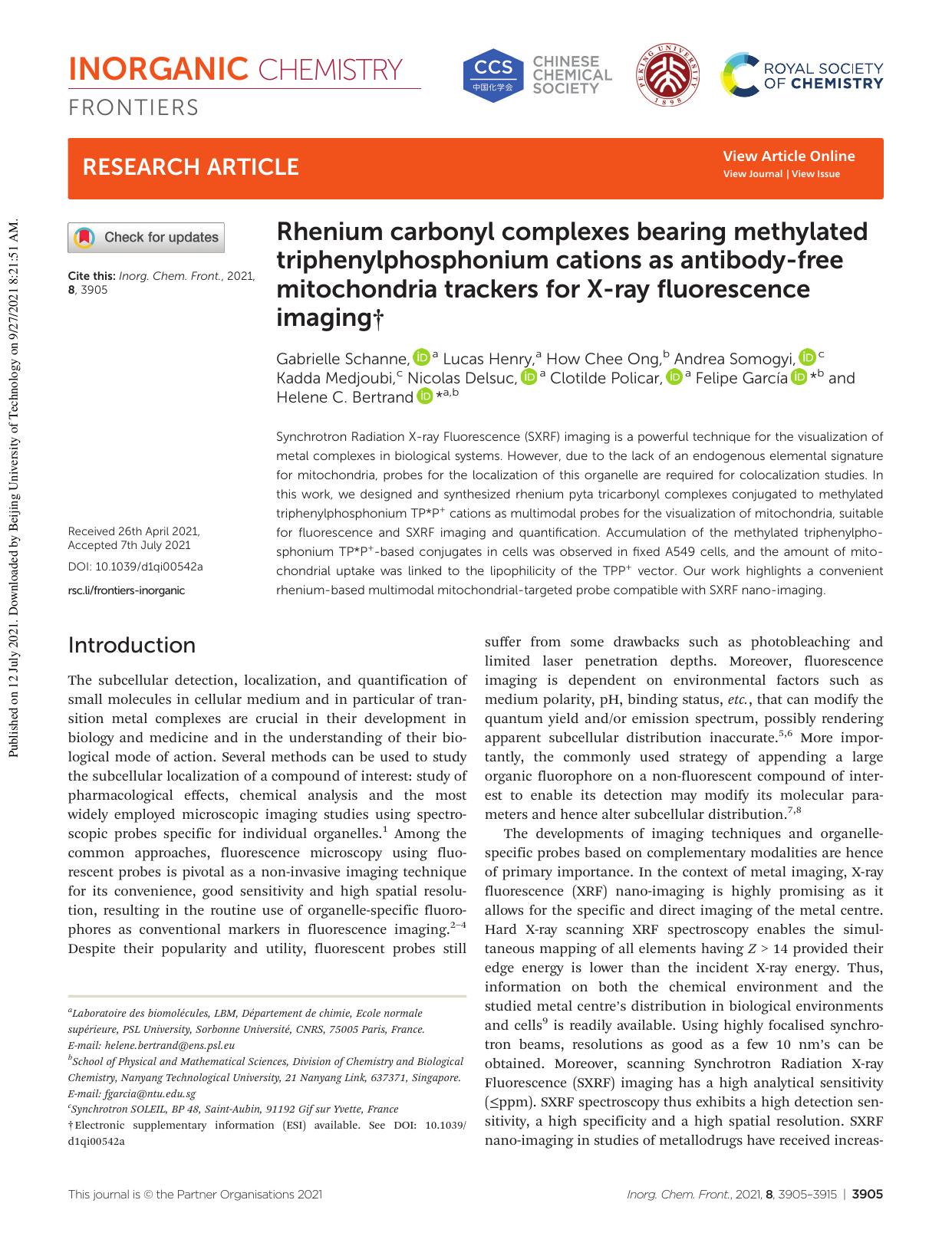 Rhenium carbonyl complexes bearing methylated triphenylphosphonium cations as antibody-free mitochondria trackers for X-ray fluorescence imaging by unknow