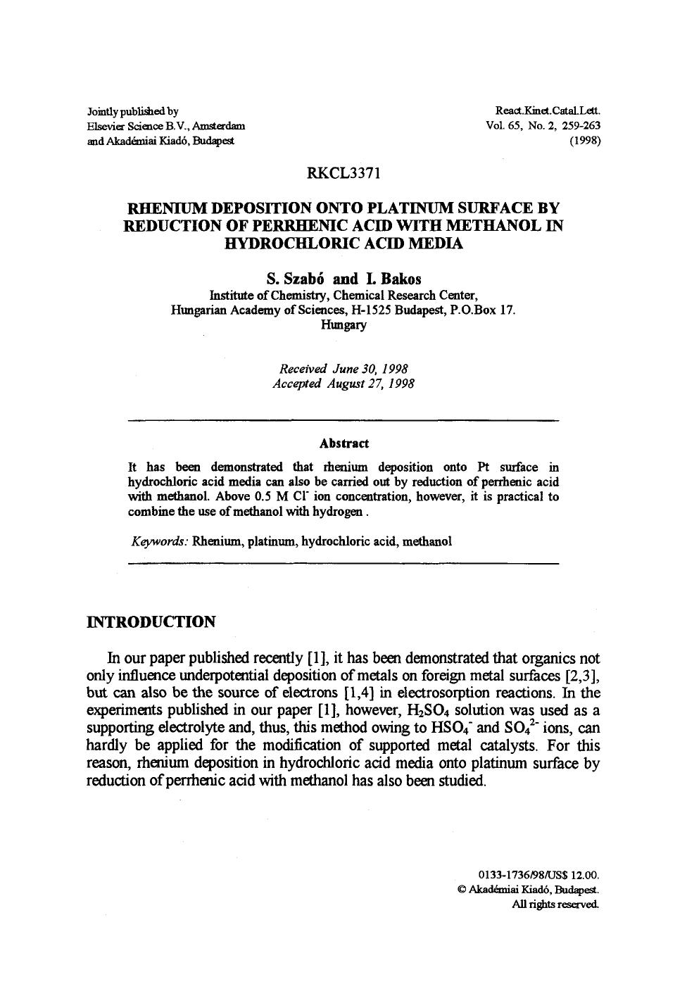 Rhenium deposition onto platinum surface by reduction of perrhenic acid with methanol in hydrochloric acid media by Unknown