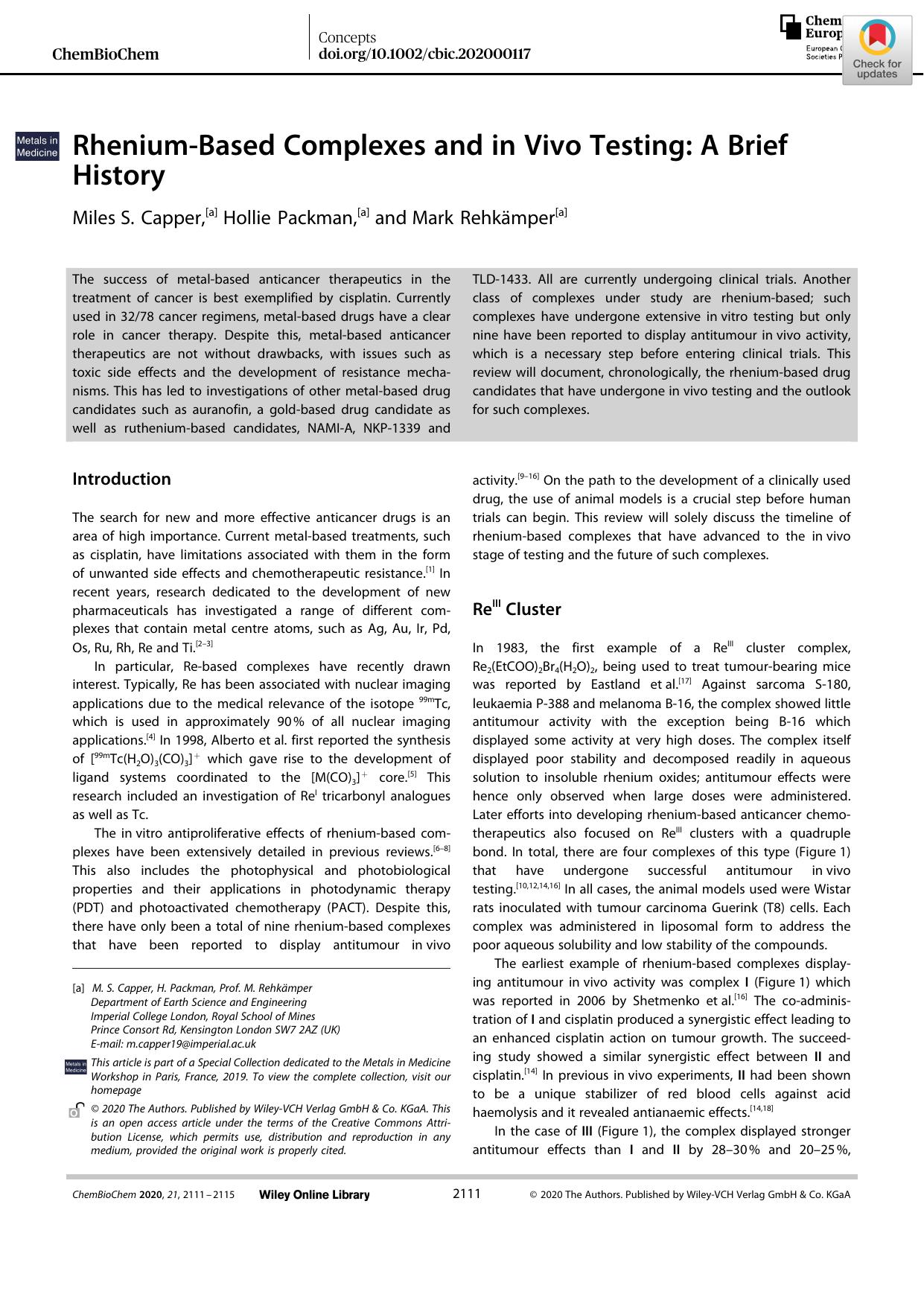 RheniumâBased Complexes and in Vivo Testing: A Brief History by Unknown
