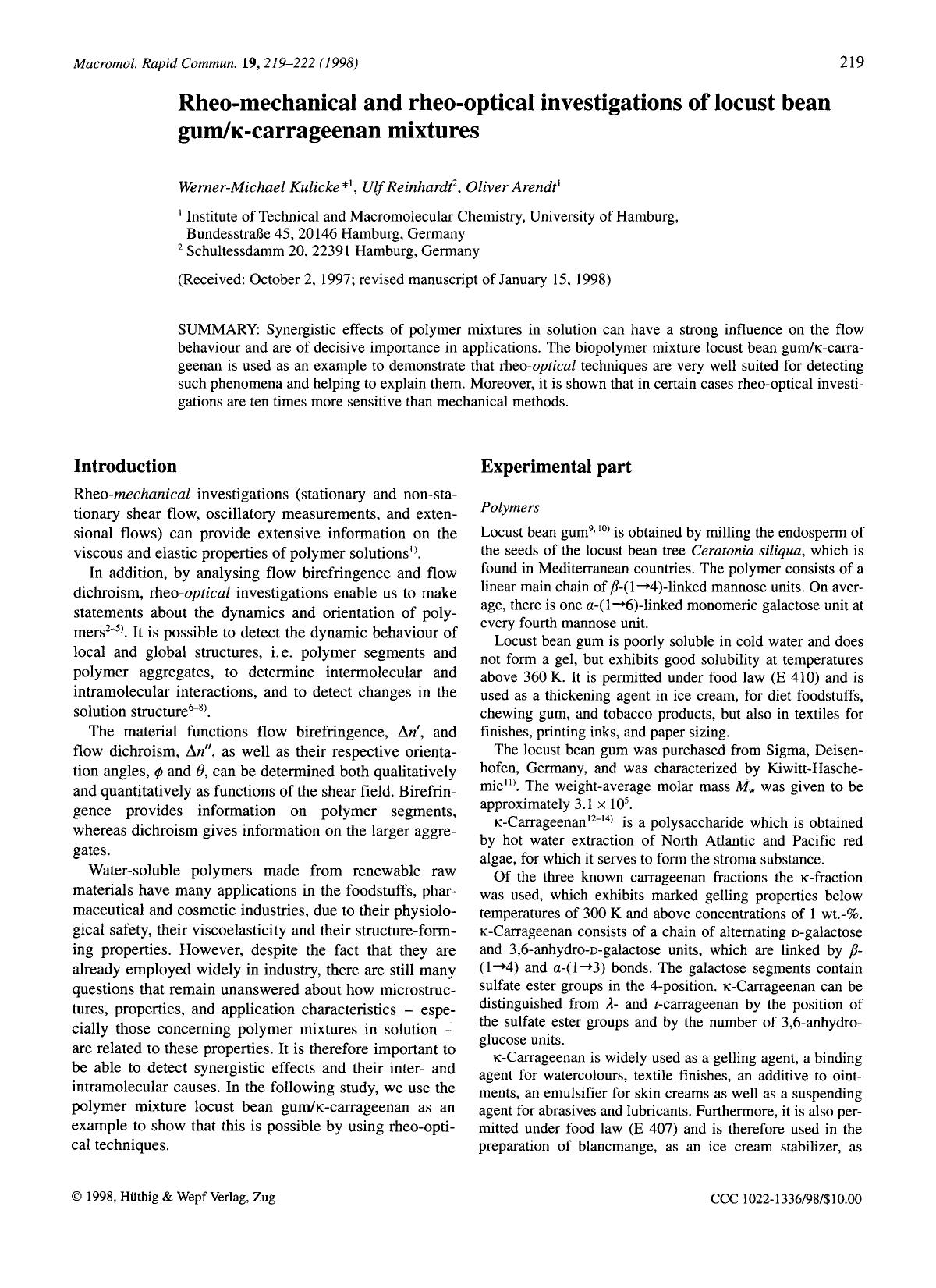 Rheo-mechanical and rheo-optical investigations of locust bean gum[kappa]-carrageenan mixtures by Unknown