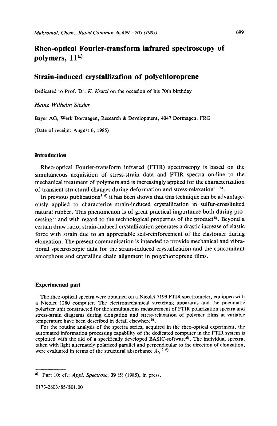Rheo-optical fourier-transform infrared spectroscopy of polymers, 11. Strain-induced crystallization of polychloroprene by Unknown