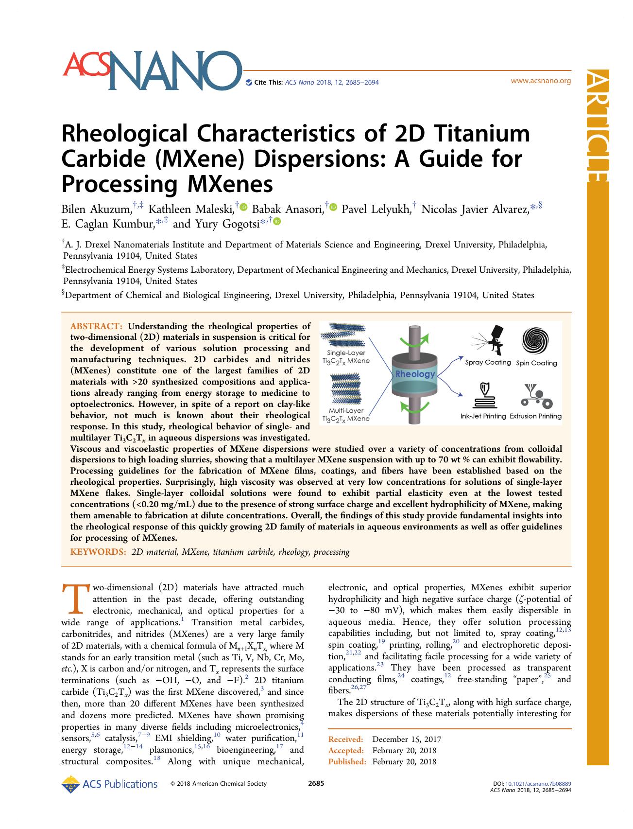 Rheological Characteristics of 2D Titanium Carbide (MXene) Dispersions: A Guide for Processing MXenes by unknow
