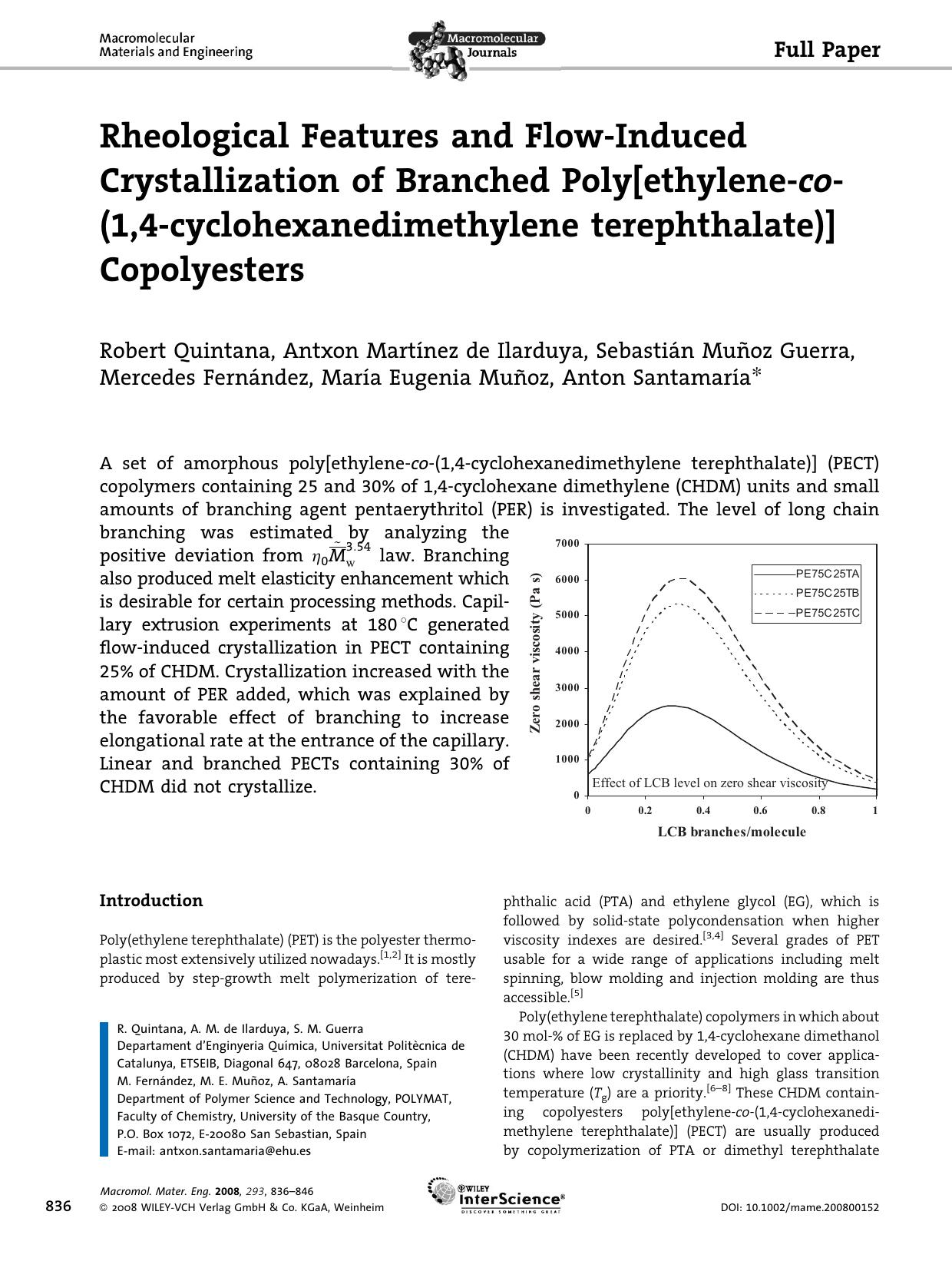 Rheological Features and Flow-Induced Crystallization of Branched Poly[ethylene-co-(1,4-cyclohexanedimethylene terephthalate)] Copolyesters by Unknown