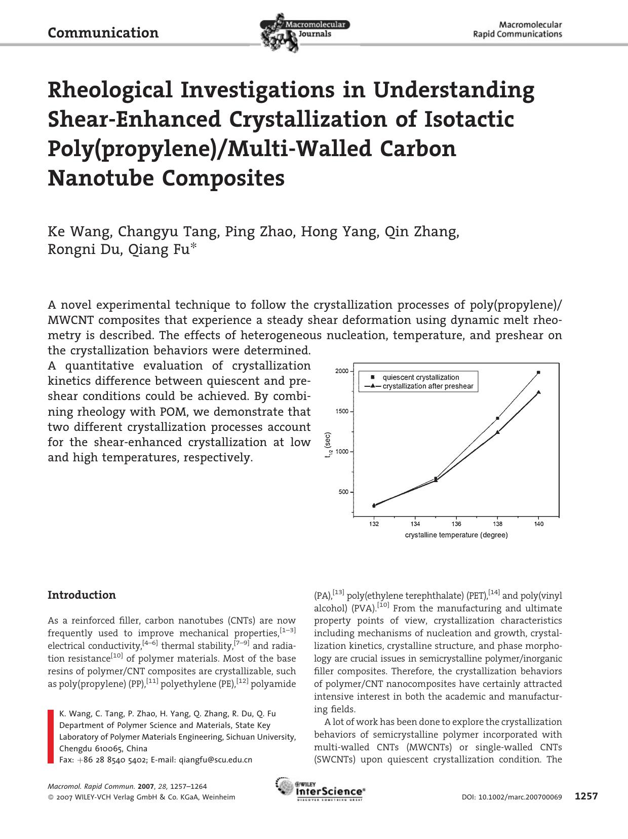 Rheological Investigations in Understanding Shear-Enhanced Crystallization of Isotactic Poly(propylene)Multi-Walled Carbon Nanotube Composites by Unknown