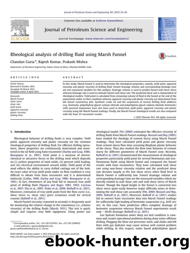 Rheological analysis of drilling fluid using Marsh Funnel by Chandan Guria & Rajesh Kumar & Prakash Mishra