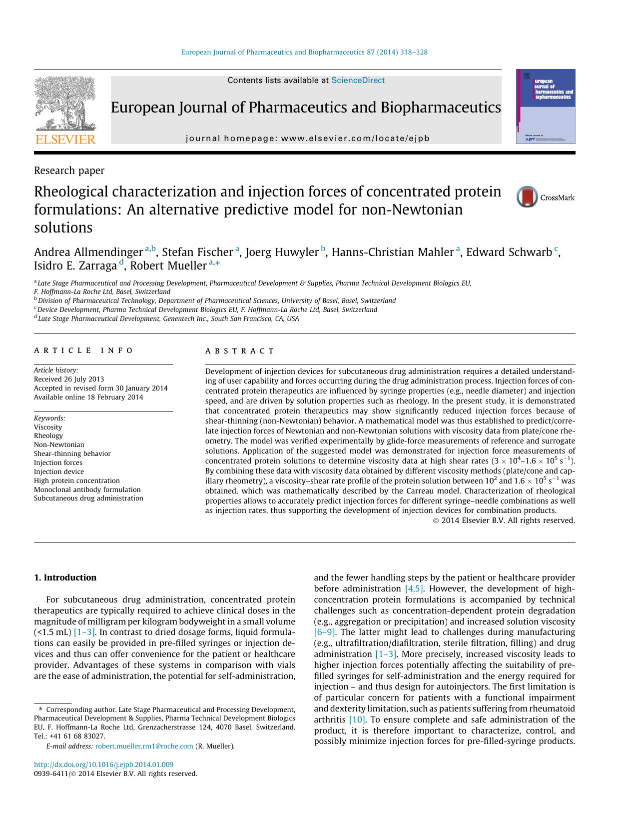 Rheological characterization and injection forces of concentrated protein formulations: An alternative predictive model for non-Newtonian solutions by unknow