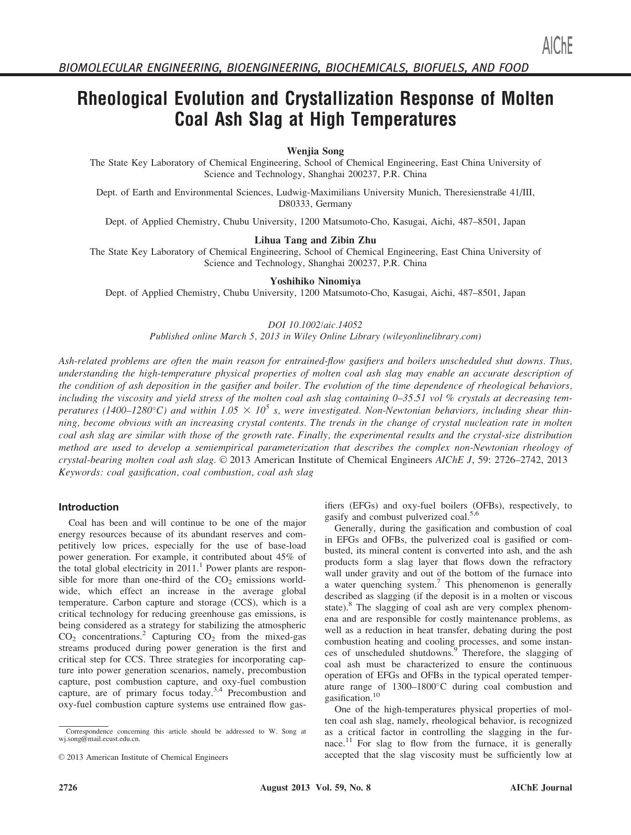 Rheological evolution and crystallization response of molten coal ash slag at high temperatures by Unknown