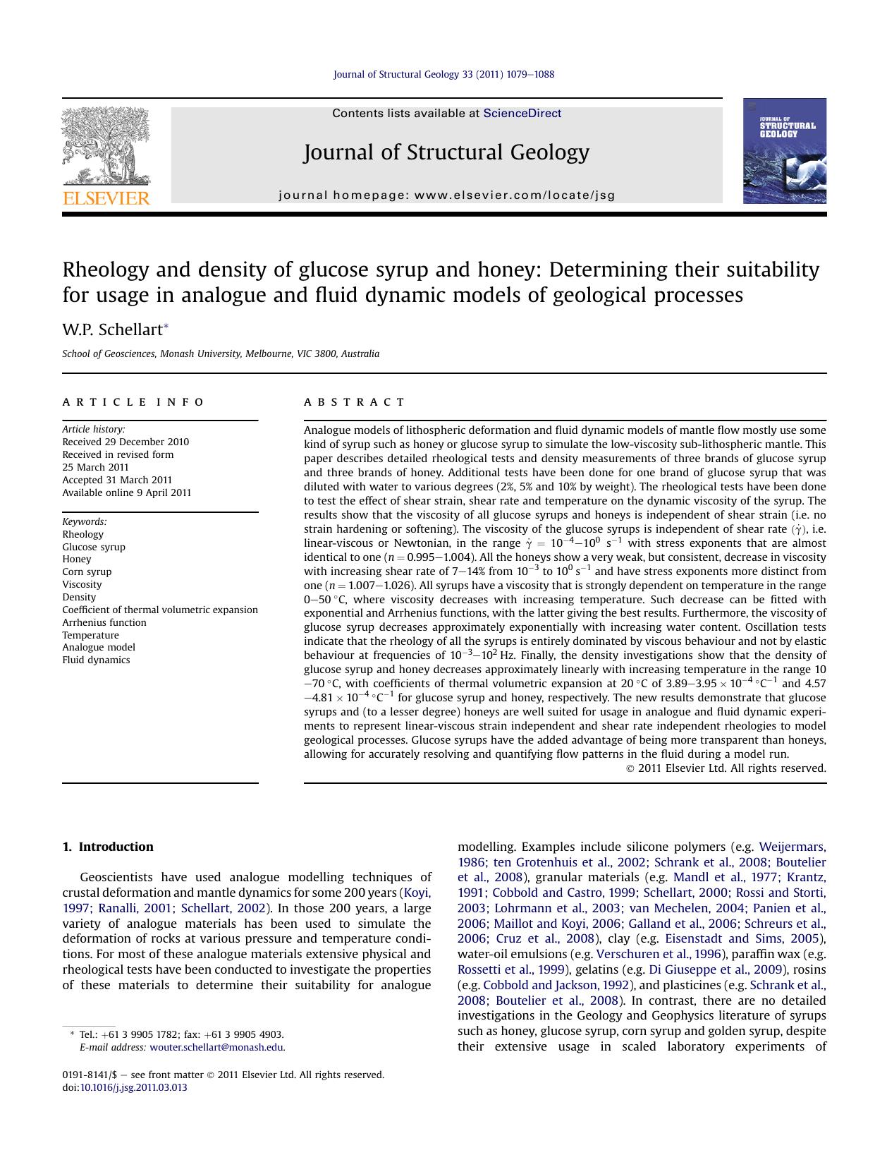 Rheology and density of glucose syrup and honey: Determining their suitability for usage in analogue and fluid dynamic models of geological processes by W.P. Schellart