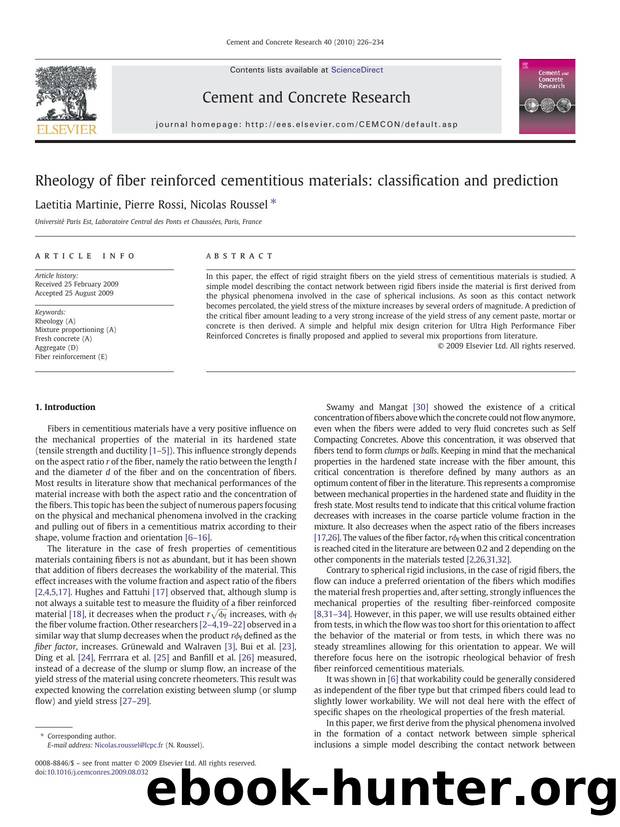 Rheology of fiber reinforced cementitious materials: classification and prediction by Laetitia Martinie; Pierre Rossi; Nicolas Roussel