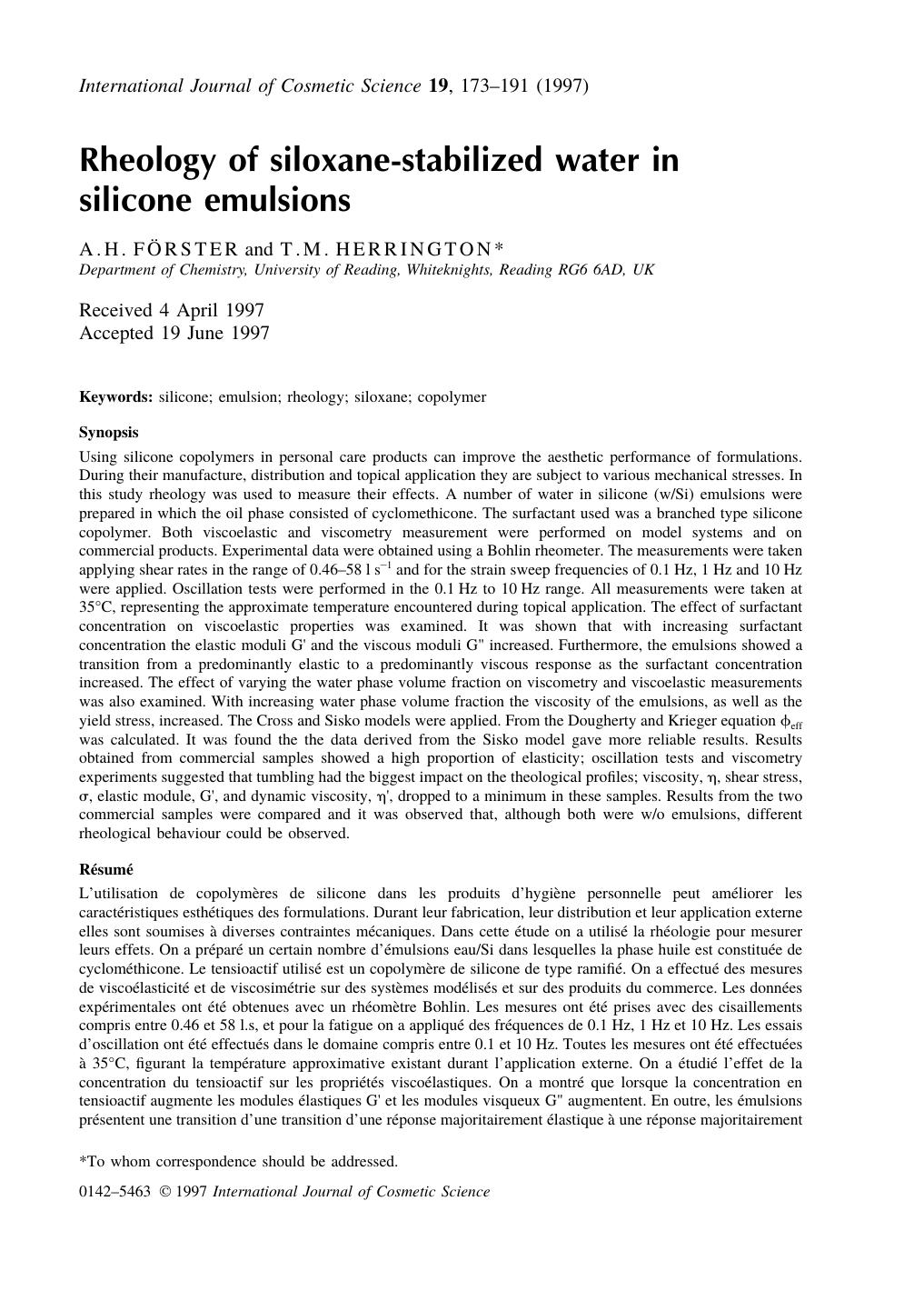 Rheology of siloxaneÃ¢â¢âstabilized water in silicone emulsions by Unknown
