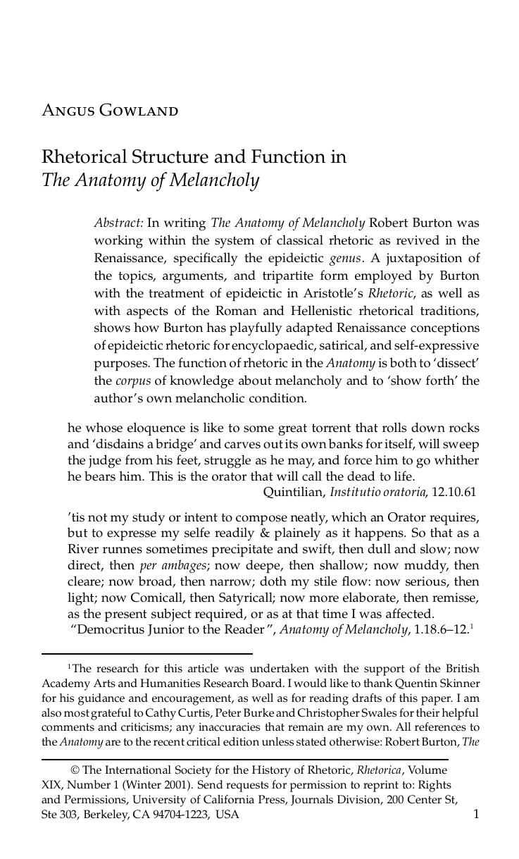 Rhetorical Structure and Function in The Anatomy of Melancholy by Angus Gowland