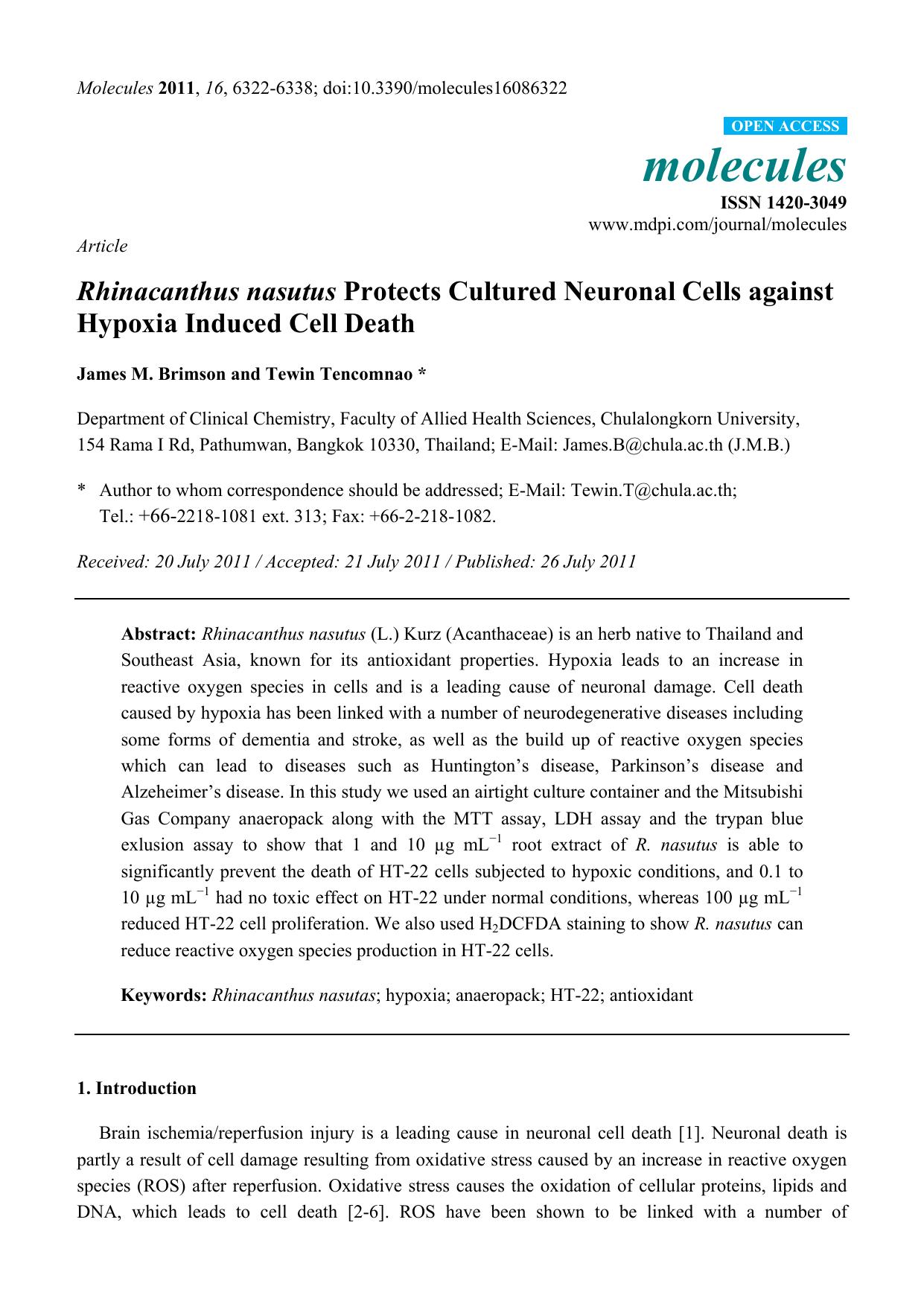 Rhinacanthus nasutus Protects Cultured Neuronal Cells against Hypoxia Induced Cell Death by James M. Brimson & Tewin Tencomnao