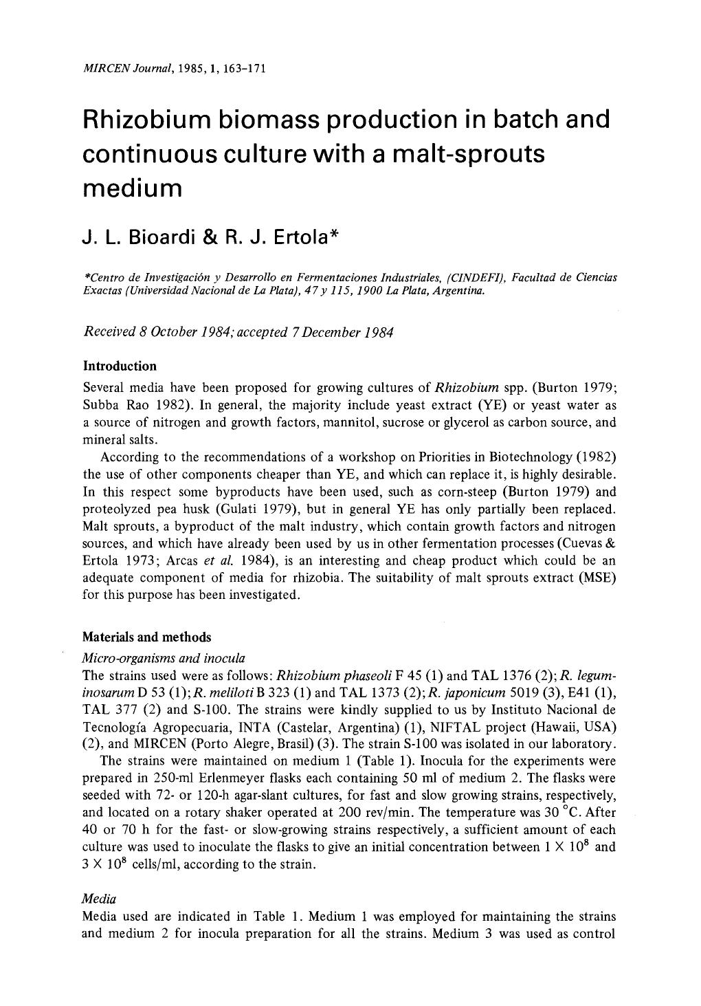 Rhizobium biomass production in batch and continuous culture with a malt-sprouts medium by Unknown