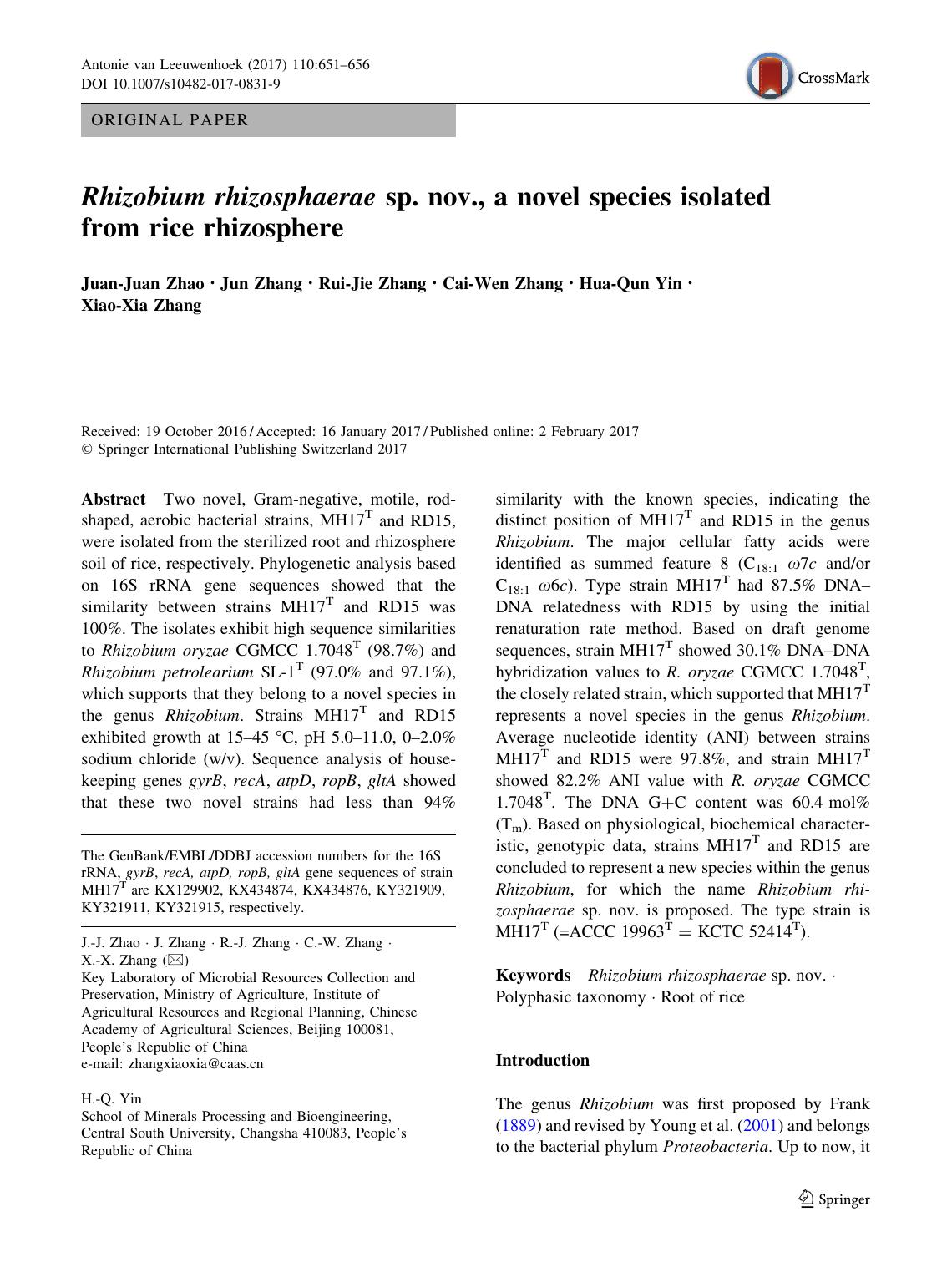 Rhizobium rhizosphaerae sp. nov., a novel species isolated from rice rhizosphere by Juan-Juan Zhao & Jun Zhang & Rui-Jie Zhang & Cai-Wen Zhang & Hua-Qun Yin & Xiao-Xia Zhang