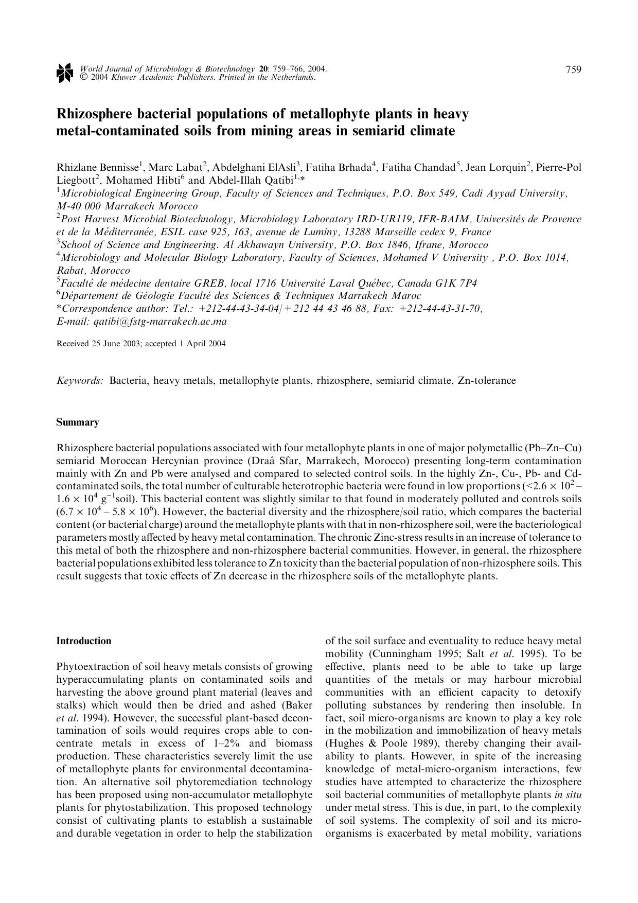 Rhizosphere bacterial populations of metallophyte plants in heavy metal-contaminated soils from mining areas in semiarid climate by Unknown