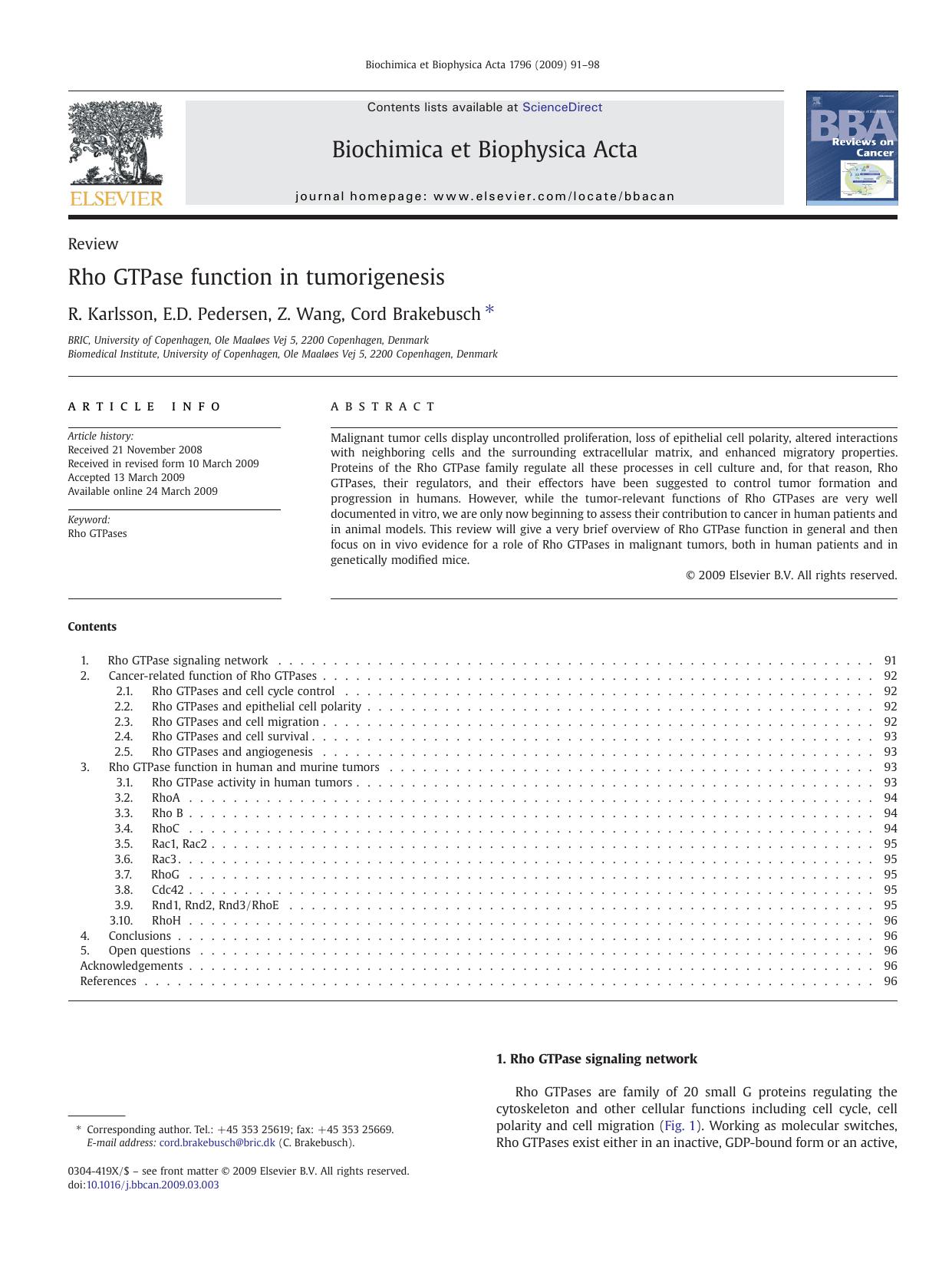 Rho GTPase function in tumorigenesis by R. Karlsson; E.D. Pedersen; Z. Wang; Cord Brakebusch