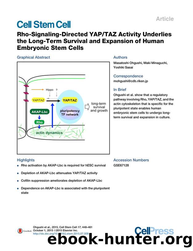 Rho-Signaling-Directed YAPTAZ Activity Underlies the Long-Term Survival and Expansion of Human Embryonic Stem Cells by Masatoshi Ohgushi & Maki Minaguchi & Yoshiki Sasai