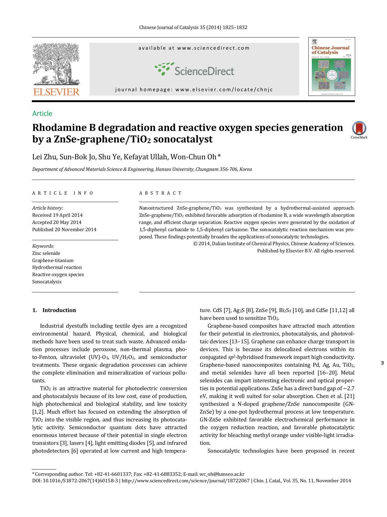 Rhodamine B degradation and reactive oxygen species generation by a ZnSe-grapheneTiO2 sonocatalyst by Lei Zhu & Sun-Bok Jo & Shu Ye & Kefayat Ullah & Won-Chun Oh