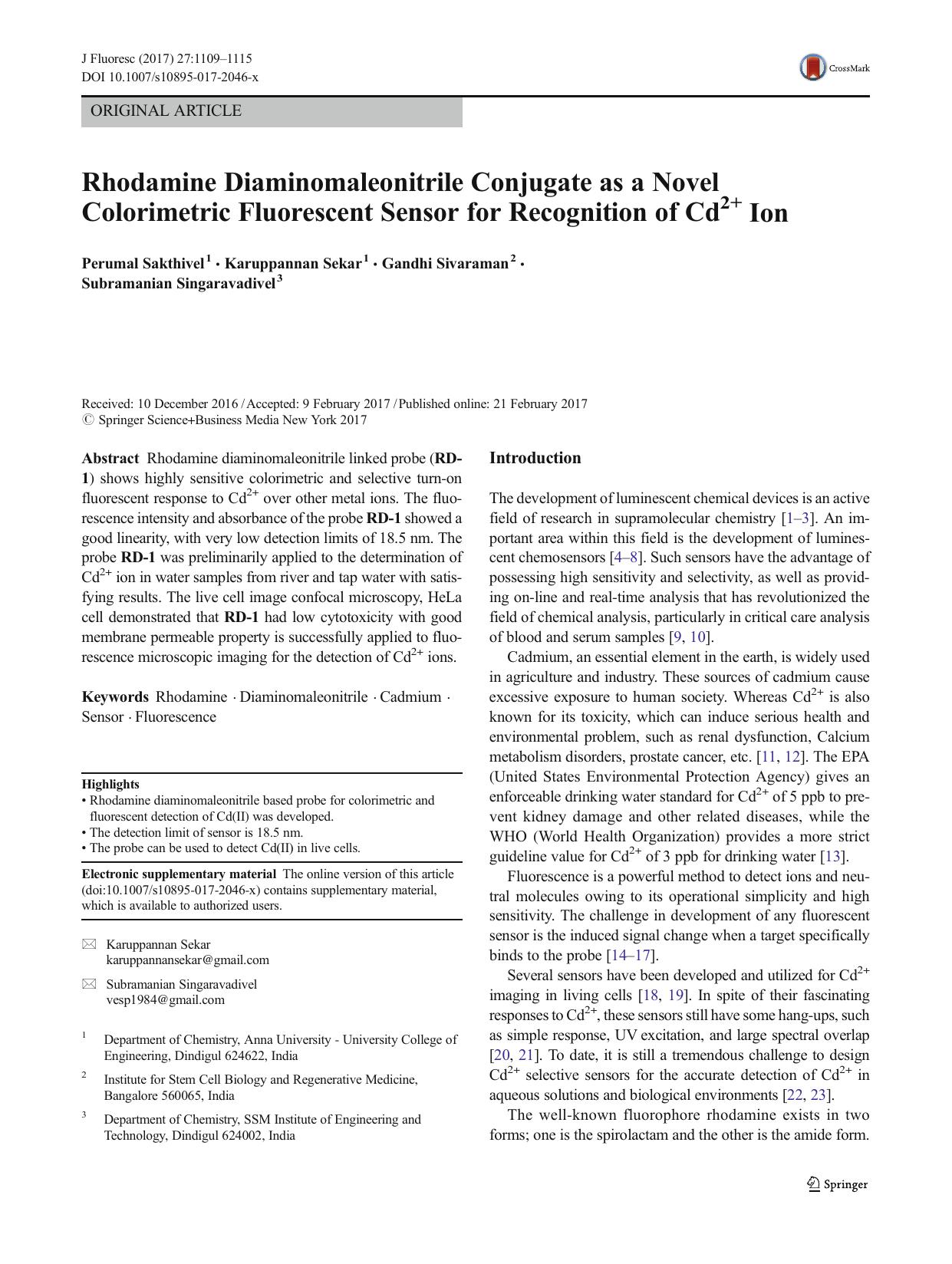 Rhodamine Diaminomaleonitrile Conjugate as a Novel Colorimetric Fluorescent Sensor for Recognition of Cd2+ Ion by Perumal Sakthivel & Karuppannan Sekar & Gandhi Sivaraman & Subramanian Singaravadivel