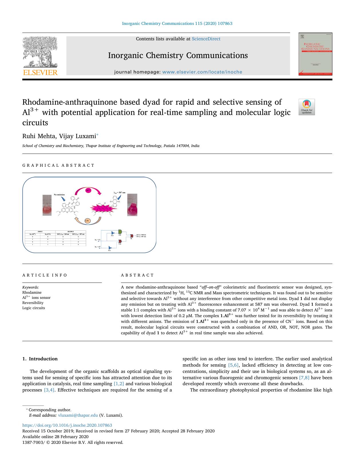 Rhodamine-anthraquinone based dyad for rapid and selective sensing of Al3+ with potential application for real-time sampling and molecular logic circuits by Ruhi Mehta & Vijay Luxami