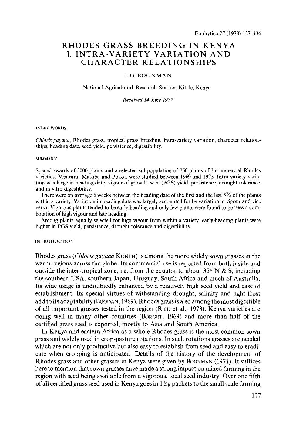 Rhodes grass breeding in Kenya I. Intra-variety variation and character relationships by Unknown