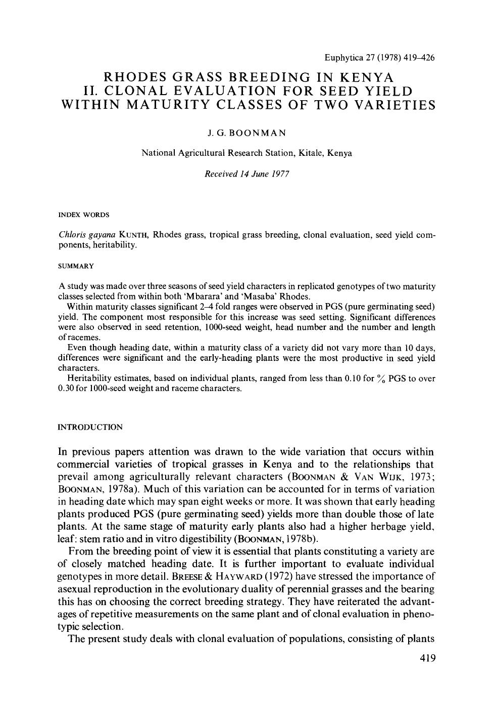Rhodes grass breeding in Kenya II. Clonal evaluation for seed yield within maturity classes of two varieties by Unknown