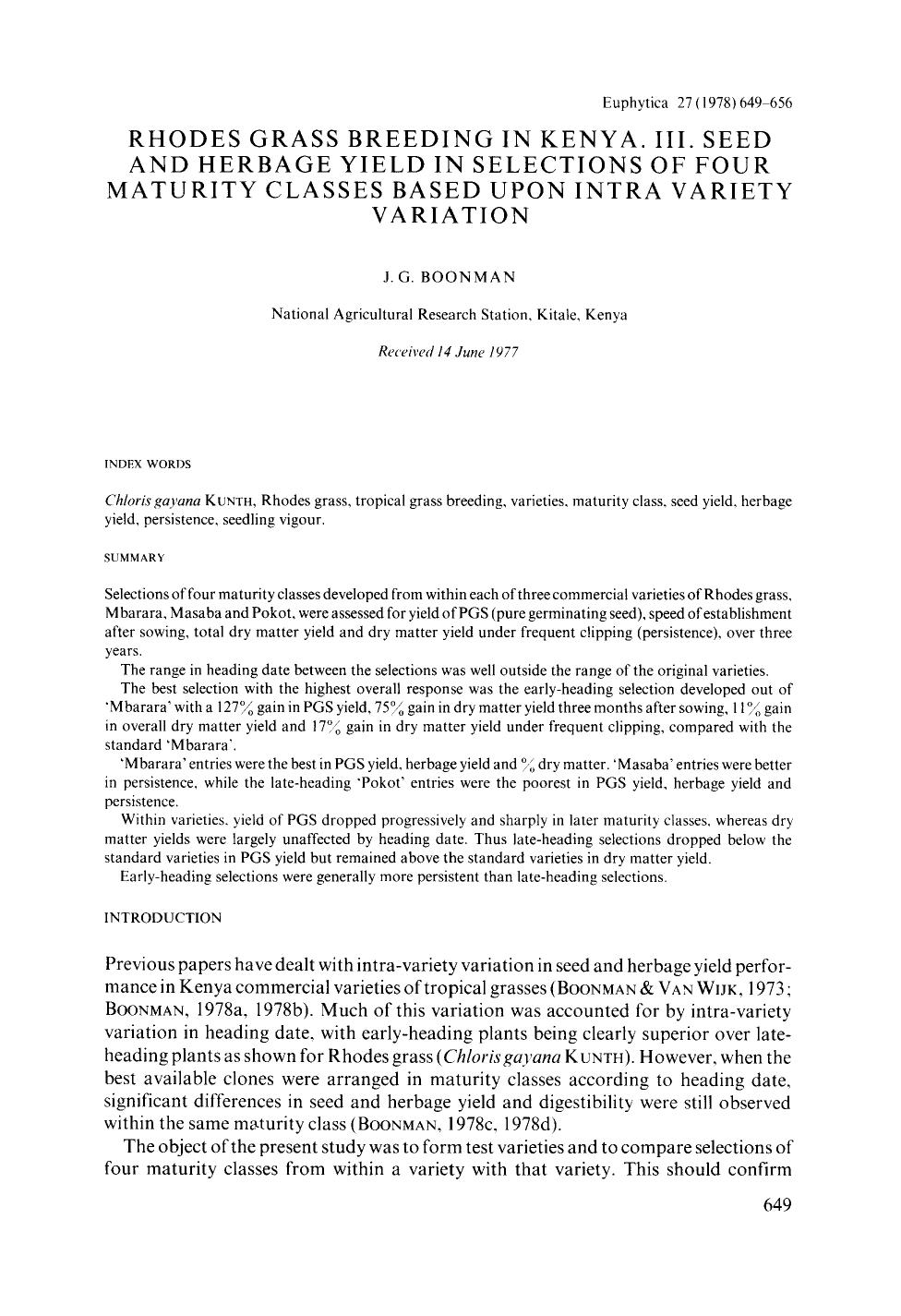 Rhodes grass breeding in Kenya. III. Seed and herbage yield in selections of four maturity classes based upon intra variety variation by Unknown