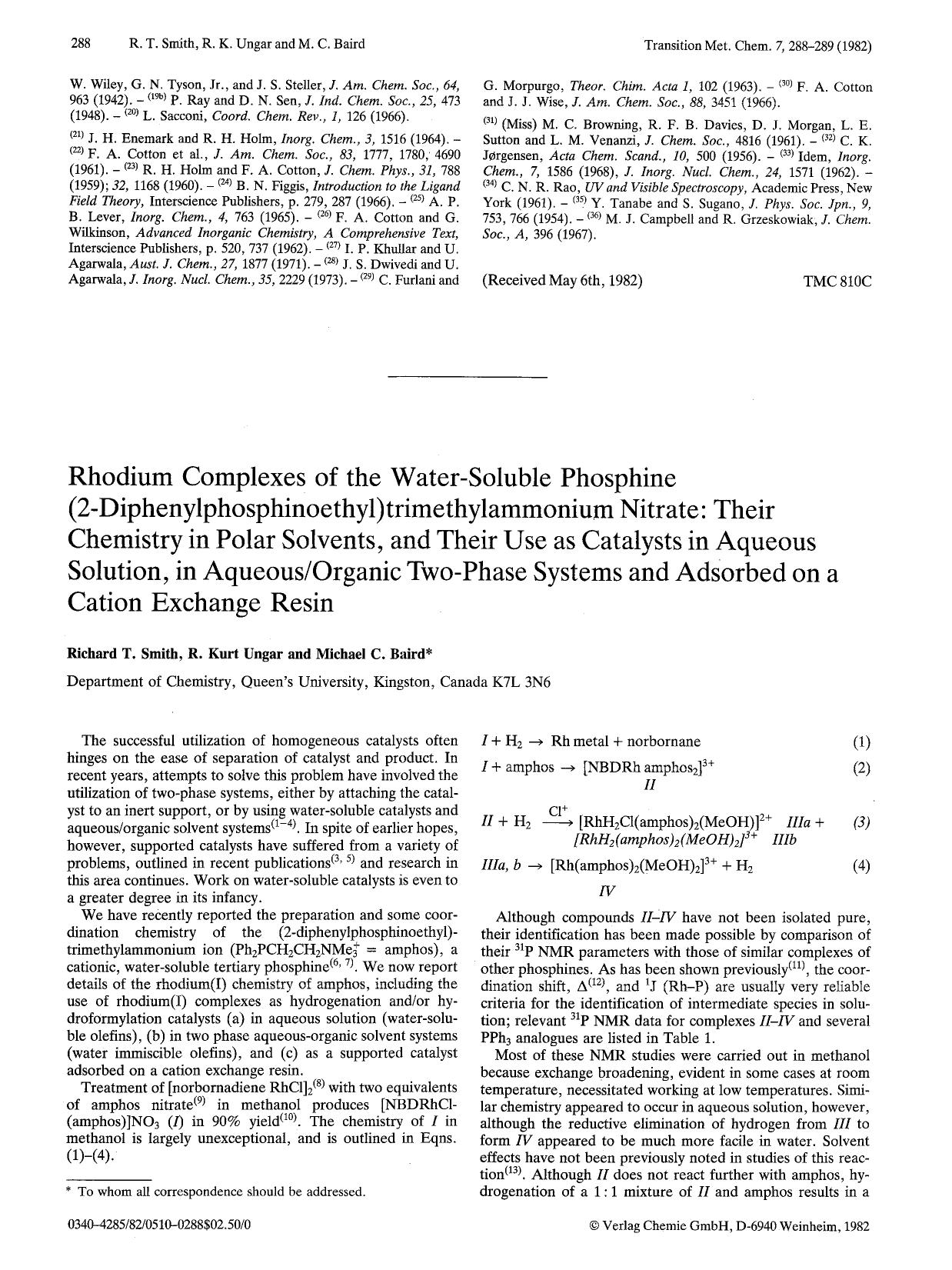 Rhodium complexes of the water-soluble phosphine (2-diphenylphosphinoethyl)trimethylammonium nitrate: Their chemistry in polar solvents, and their use as catalysts in aqueous solut by Unknown