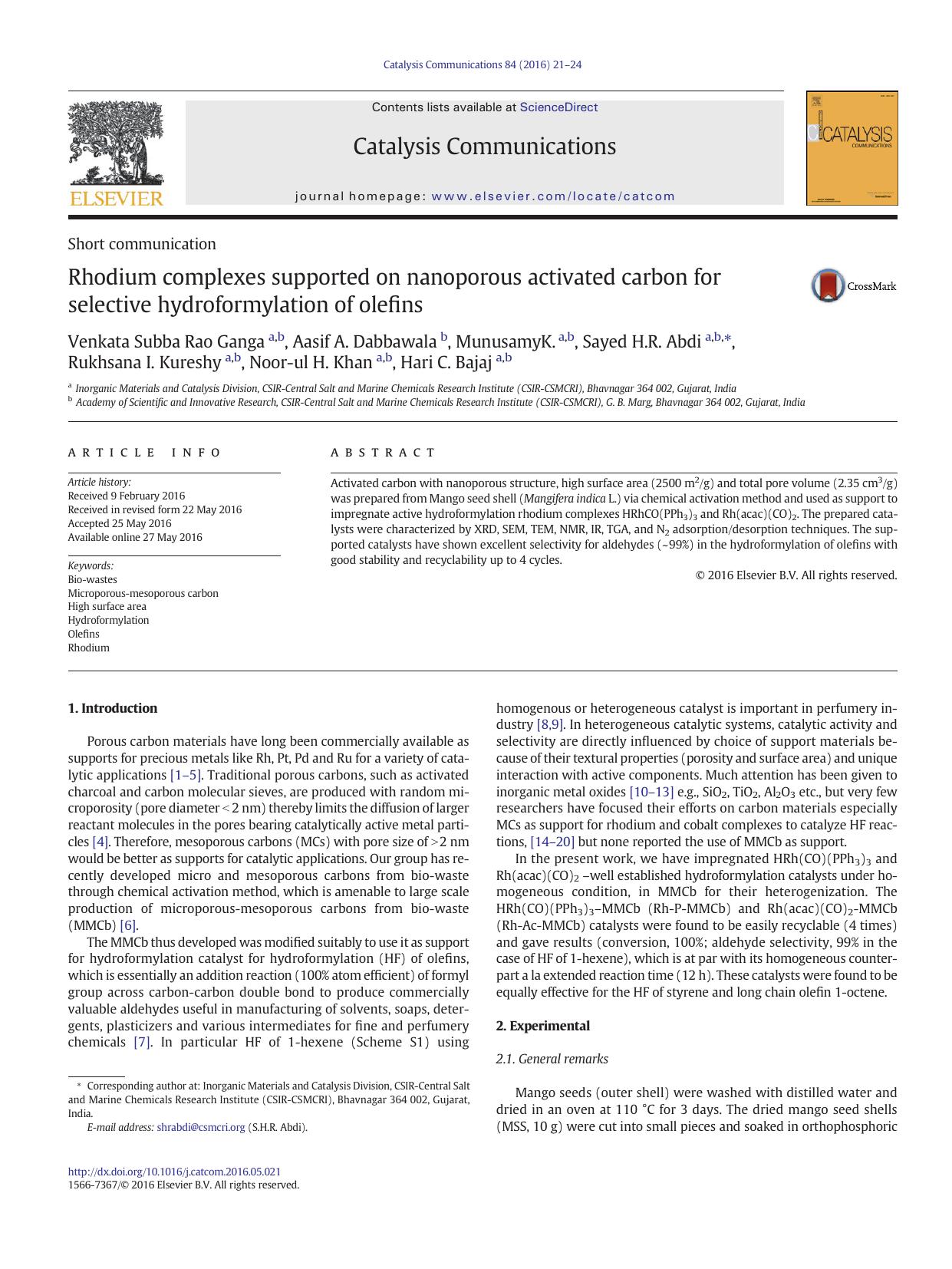 Rhodium complexes supported on nanoporous activated carbon for selective hydroformylation of olefins by unknow