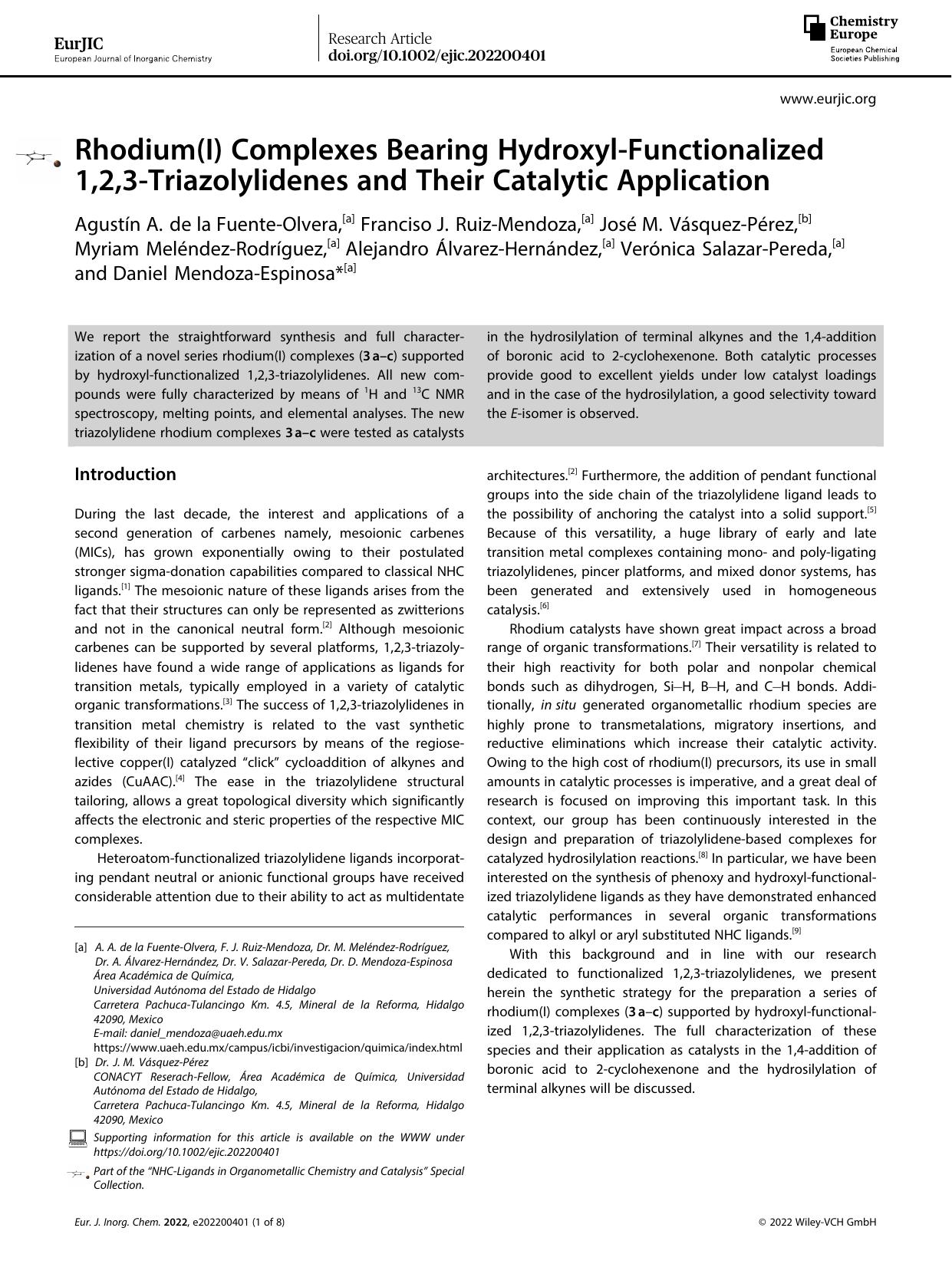 Rhodium(I) Complexes Bearing HydroxylâFunctionalized 1,2,3âTriazolylidenes and Their Catalytic Application by Unknown