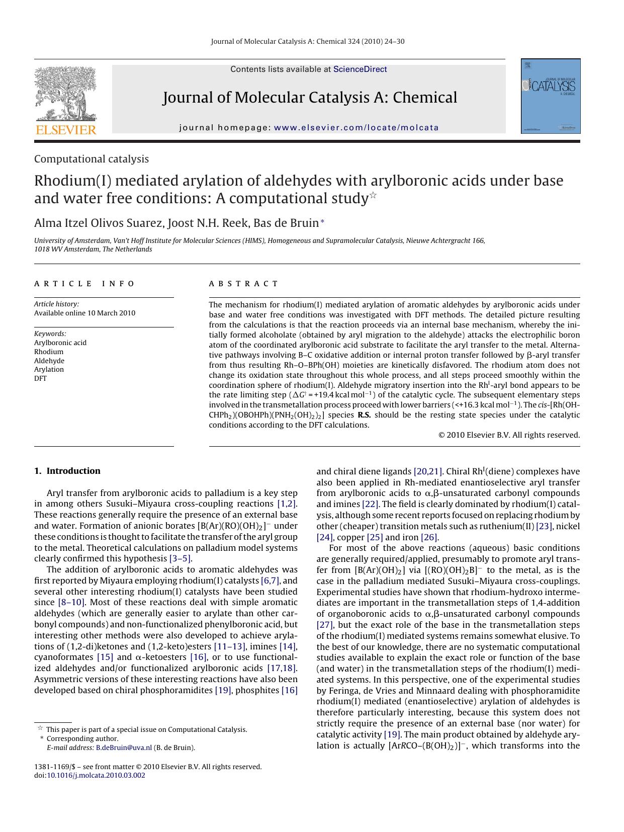 Rhodium(I) mediated arylation of aldehydes with arylboronic acids under base and water free conditions: A computational study by Alma Itzel Olivos Suarez; Joost N.H. Reek; Bas de Bruin