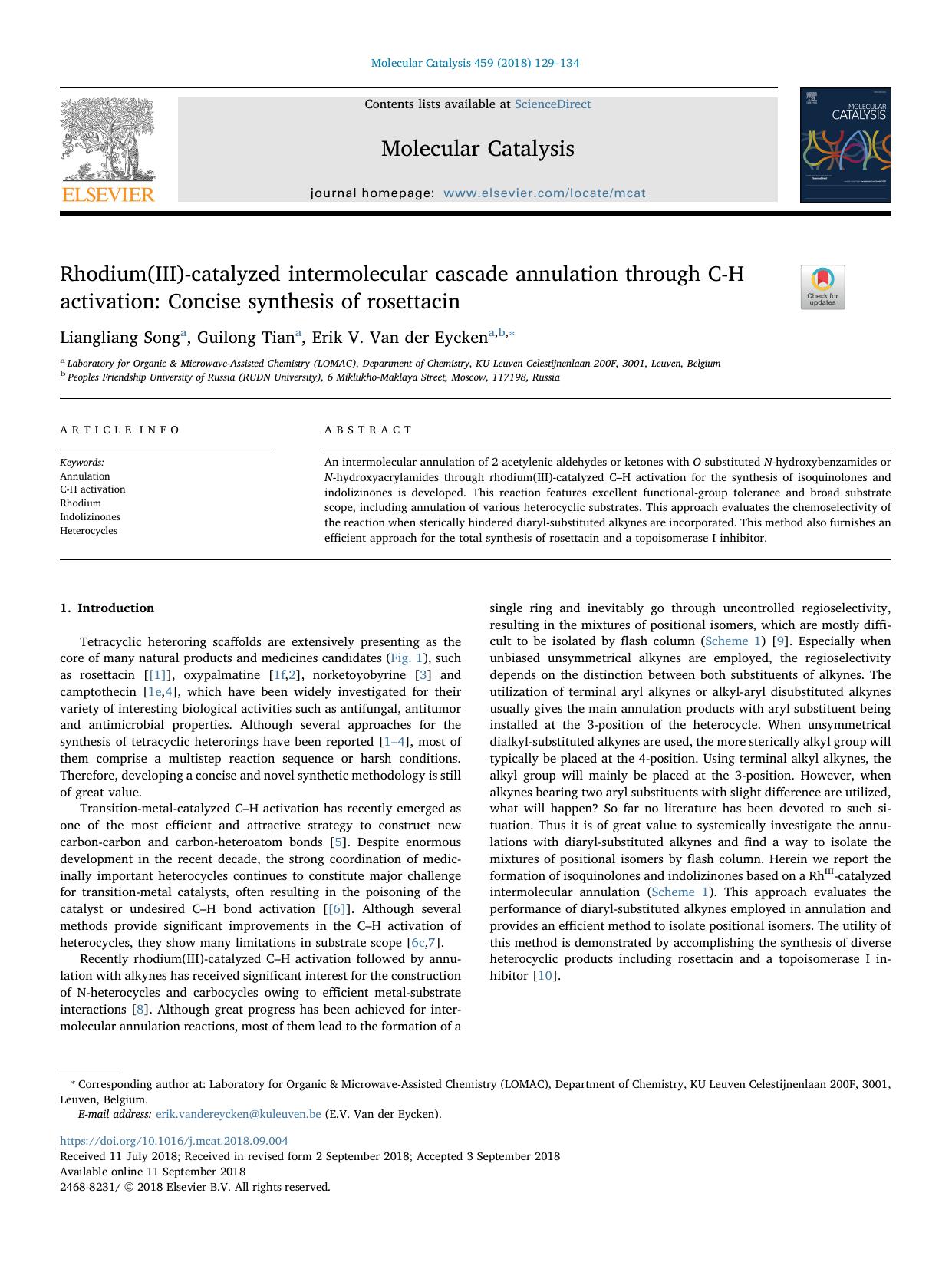 Rhodium(III)-catalyzed intermolecular cascade annulation through C-H activation_ Concise synthesis of rosettacin by Liangliang Song & Guilong Tian & Erik V. Van der Eycken