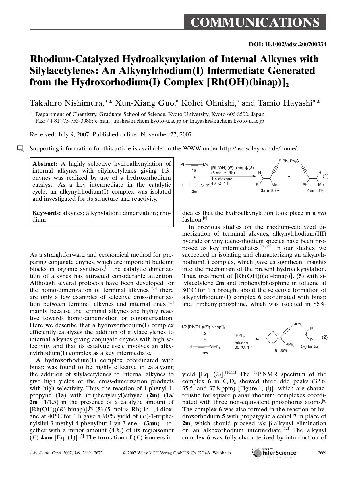 Rhodium-Catalyzed Hydroalkynylation of Internal Alkynes with Silylacetylenes: An Alkynylrhodium(I) Intermediate Generated from the Hydroxorhodium(I) Complex [Rh(OH)(binap)]2 by Unknown