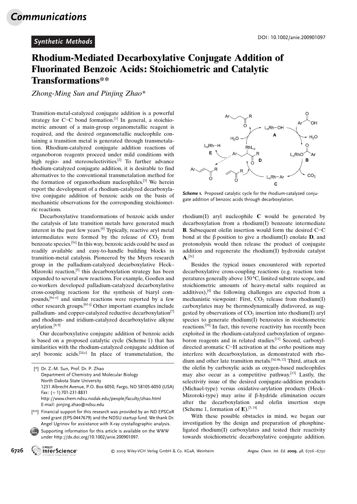 Rhodium-Mediated Decarboxylative Conjugate Addition of Fluorinated Benzoic Acids: Stoichiometric and Catalytic Transformations by Unknown