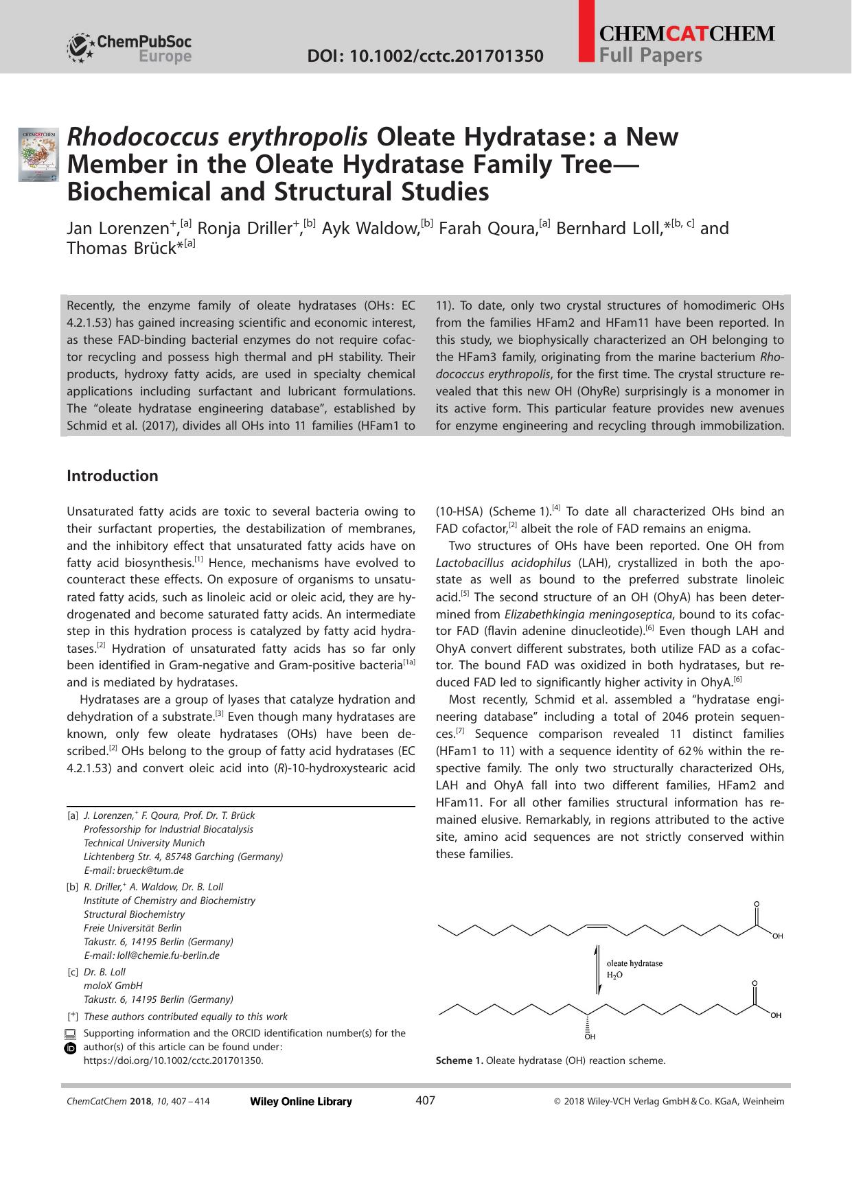 Rhodococcus erythropolis Oleate Hydratase: a New Member in the Oleate Hydratase Family TreeâBiochemical and Structural Studies by Unknown