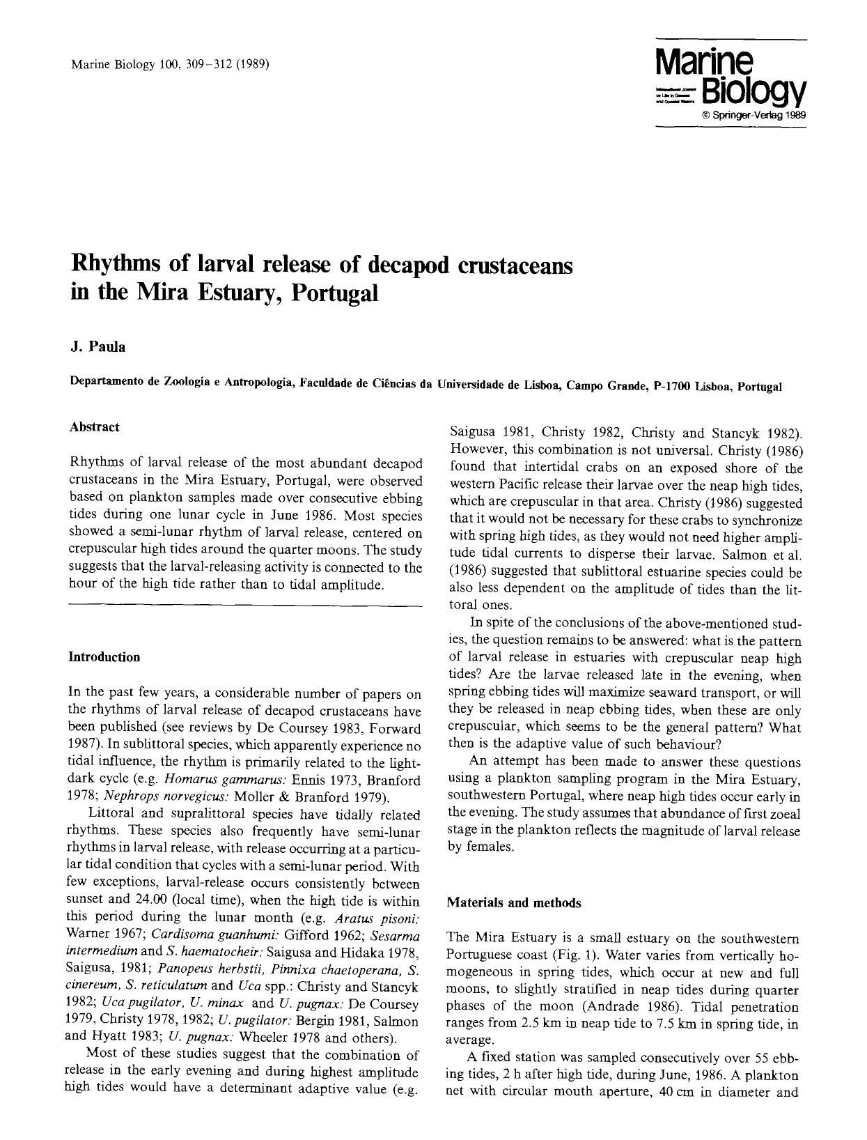 Rhythms of larval release of decapod crustaceans in the Mira Estuary, Portugal by Unknown