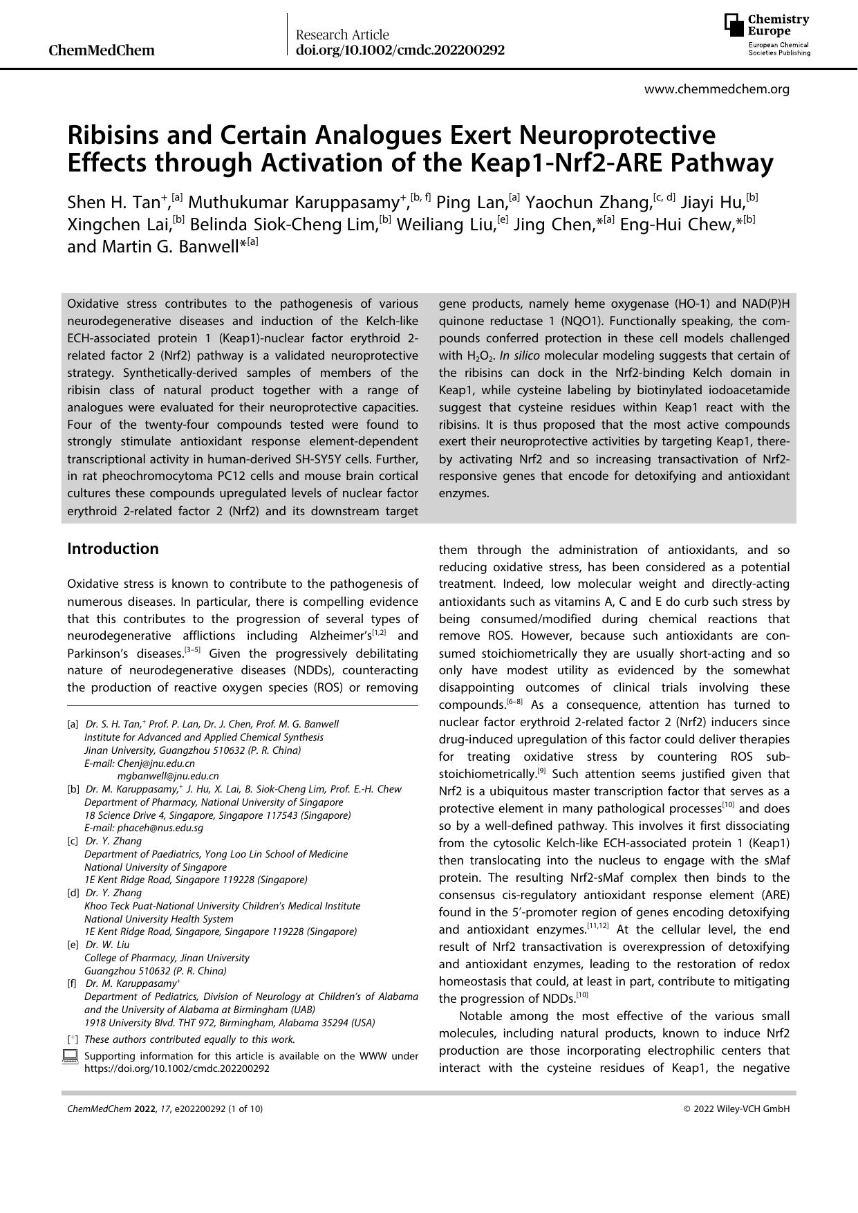 Ribisins and Certain Analogues Exert Neuroprotective Effects through Activation of the Keap1âNrf2âARE Pathway by Unknown