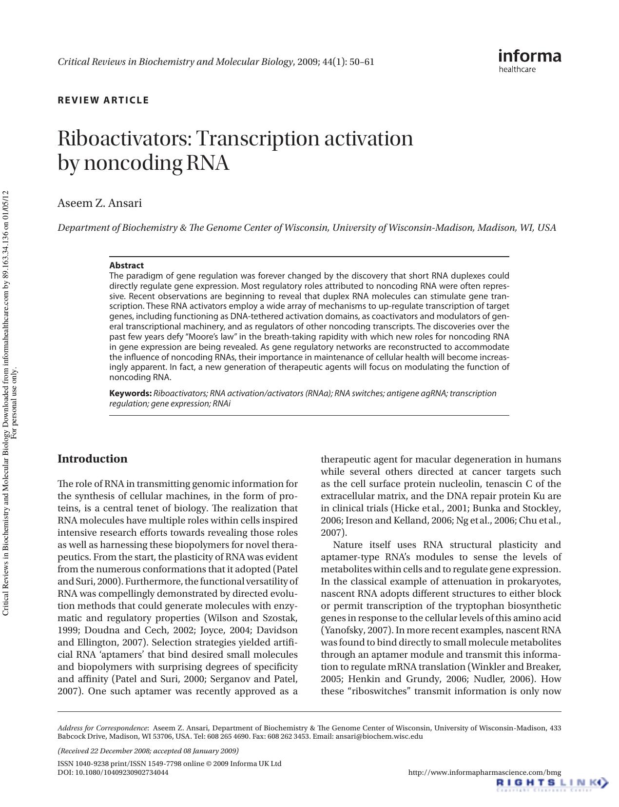 Riboactivators: Transcription activation by noncoding RNA by Aseem Z. Ansari