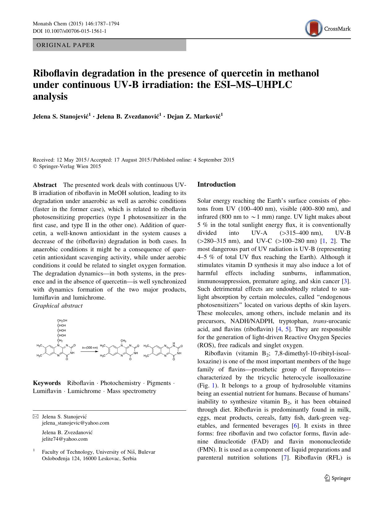 Riboflavin degradation in the presence of quercetin in methanol under continuous UV-B irradiation: the ESIâMSâUHPLC analysis by Jelena S. Stanojević & Jelena B. Zvezdanović & Dejan Z. Marković