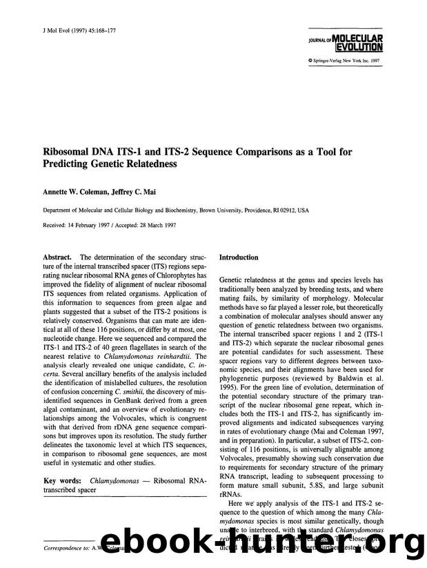 Ribosomal DNA and ITS-2 sequence comparisons as a tool for predicting genetic relatedness by Unknown
