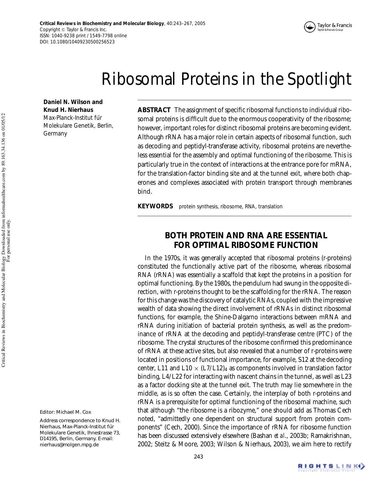 Ribosomal Proteins in the Spotlight by Daniel N. Wilson & Knud H. Nierhaus