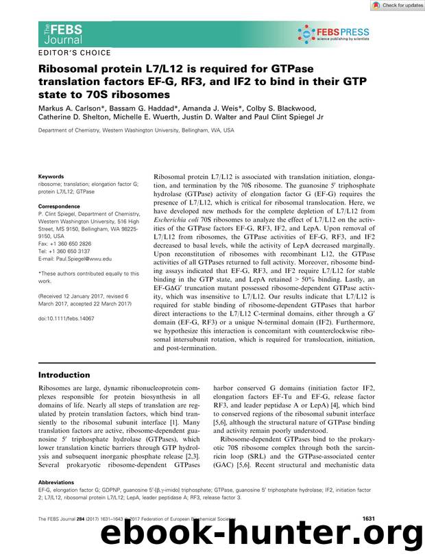 Ribosomal protein L7L12 is required for GTPase translation factors EFâG, RF3, and IF2 to bind in their GTP state to 70S ribosomes by Unknown