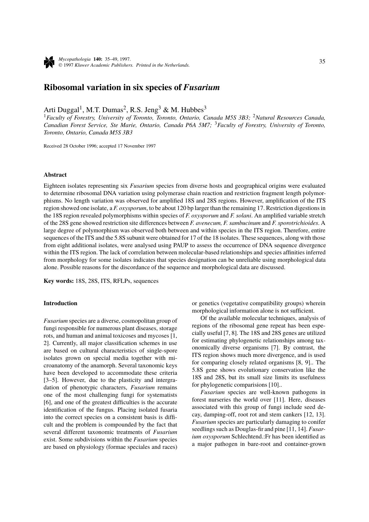 Ribosomal variation in six species of shape Fusarium by Unknown