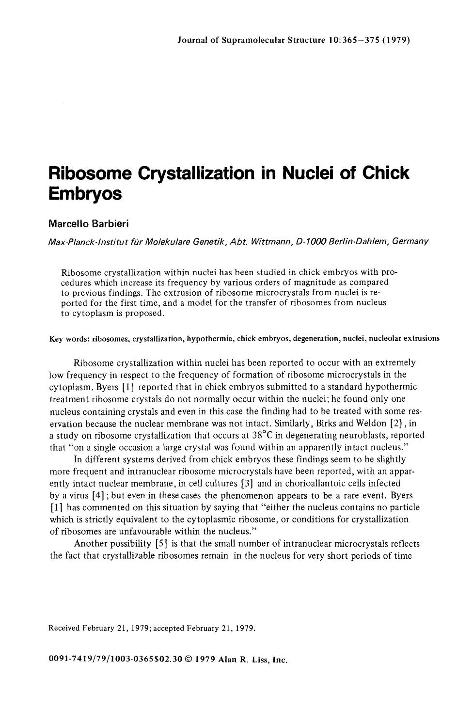 Ribosome crystallization in nuclei of chick embryos by Unknown