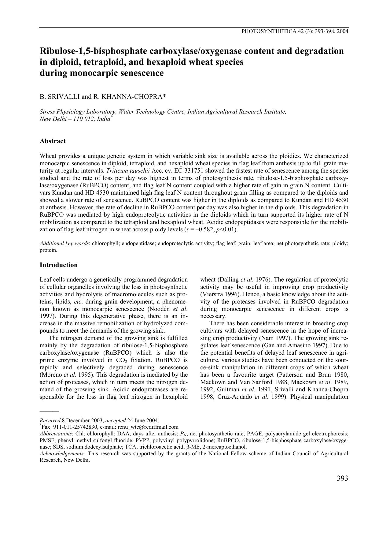 Ribulose-1,5-bisphosphate CarboxylaseOxygenase Content and Degradation in Diploid, Tetraploid, and Hexaploid Wheat Species during Monocarpic Senescence by Unknown