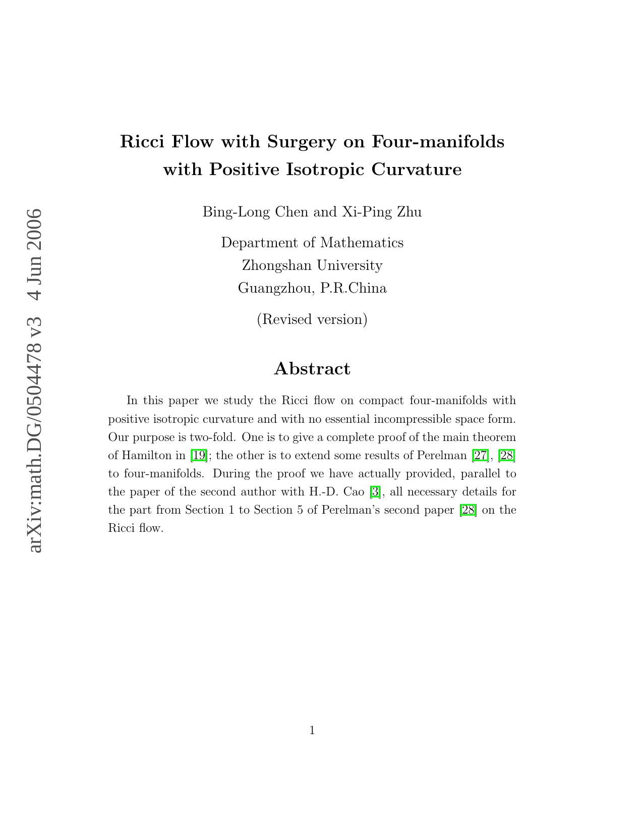 Ricci flow with surgery on four-manifolds with positive isotropic curvature by Bing-Long Chen Xi-Ping Zhu