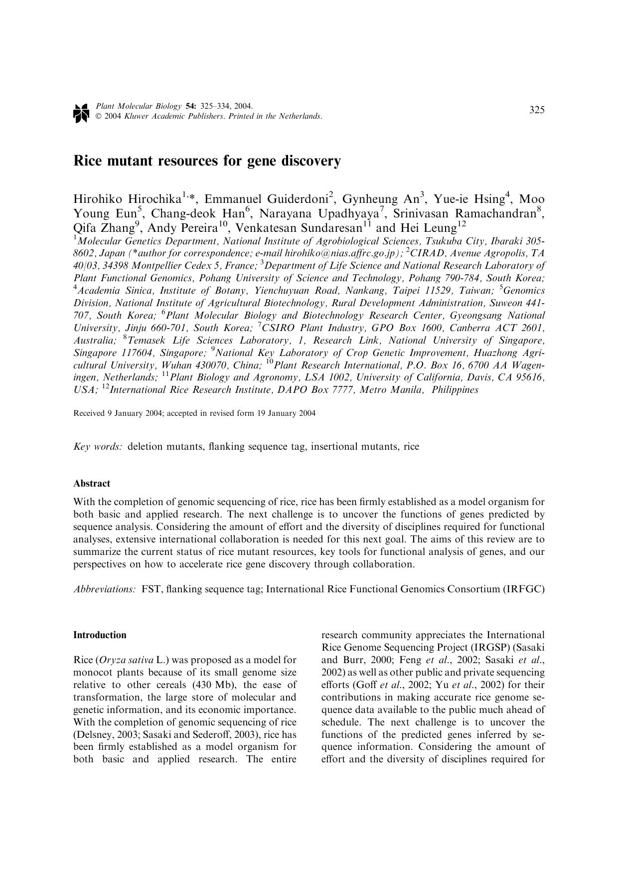 Rice Mutant Resources for Gene Discovery by Unknown