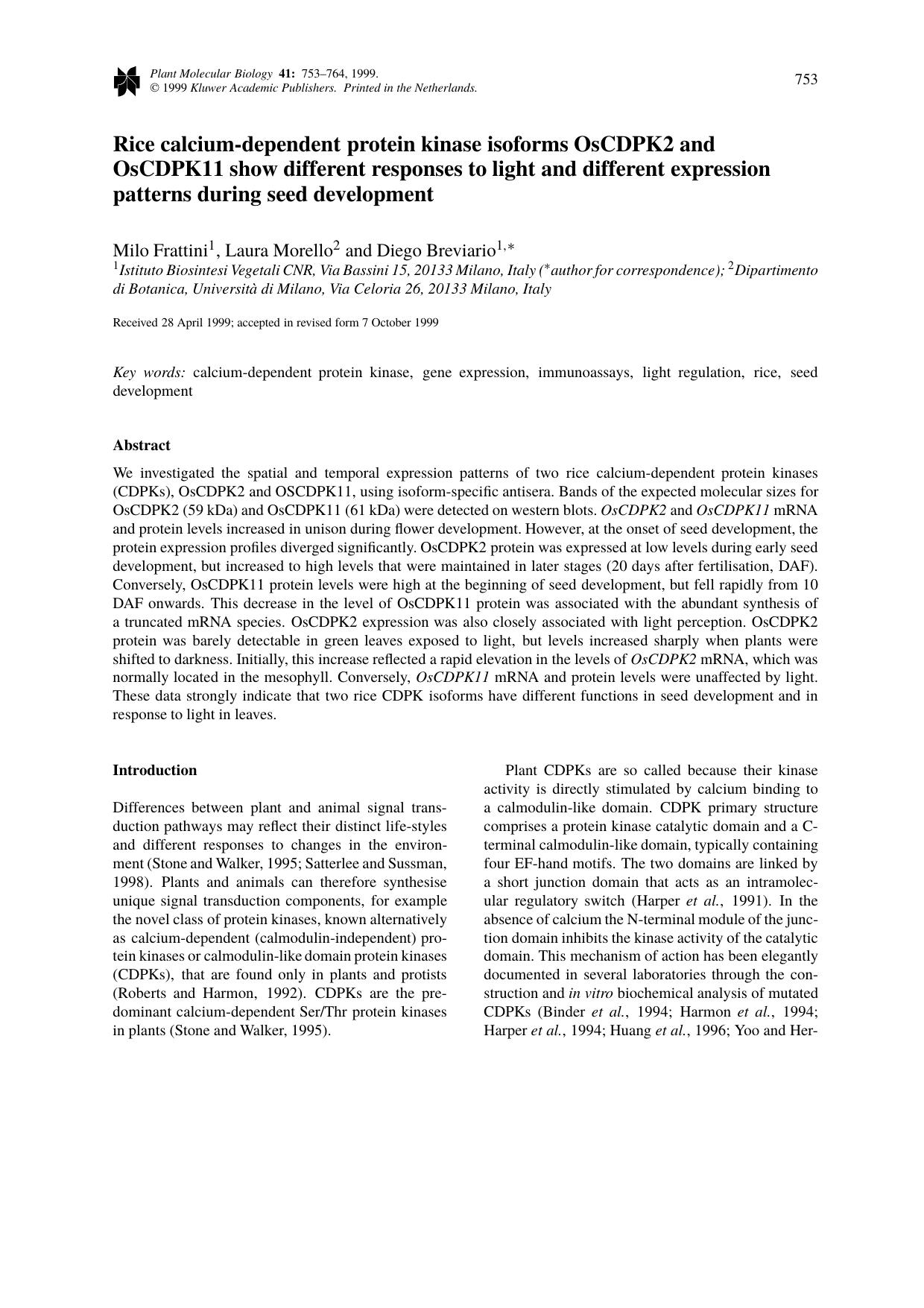 Rice calcium-dependent protein kinase isoforms OsCDPK2 and OsCDPK11 show different responses to light and different expression patterns during seed development by Unknown