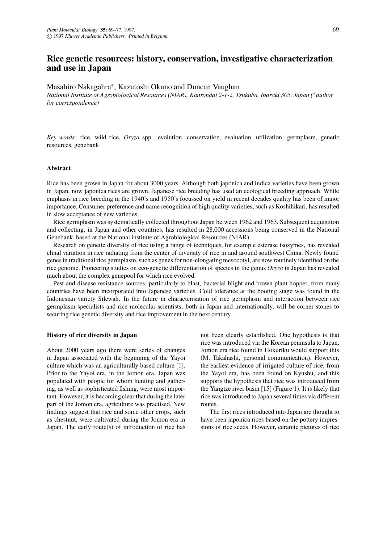 Rice genetic resources: history, conservation, investigative characterization and use in Japan by Unknown
