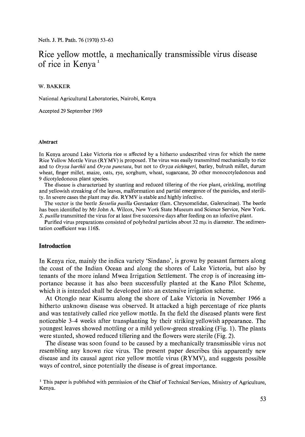 Rice yellow mottle, a mechanically transmissible virus disease of rice in Kenya by Unknown